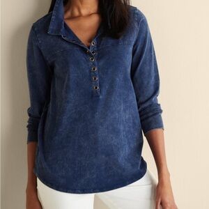 Soft Surroundings Neera Washed Top Blouse‎ Faux Denim Blue Long Sleeve Medium